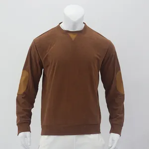 Brown men's corduroy long sleeve sweatshirt with elbow patches and round neck design