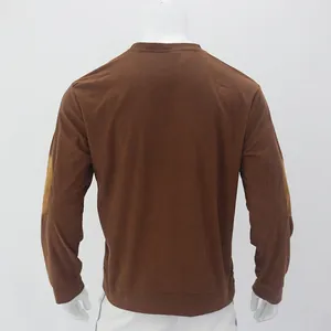 Back view of a brown men's corduroy sweatshirt with distinct tan elbow patch details