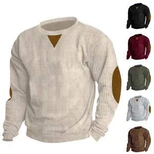 Detail view of men's corduroy long sleeve sweatshirt with elbow patches and color variants