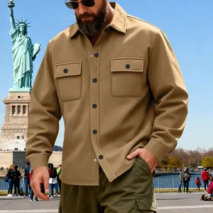 Men's heavyweight khaki fleece-lined outdoor work jacket styled in a classic city scene