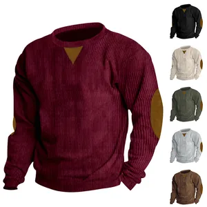 Men's casual corduroy round neck long-sleeve sweatshirt with elbow patches in multiple colors