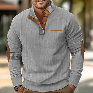 Casual men's grey stand collar ribbed sweatshirt with brown corduroy elbow patches
