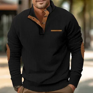Men's black corduroy standing collar sweatshirt with brown elbow patches and buttons.