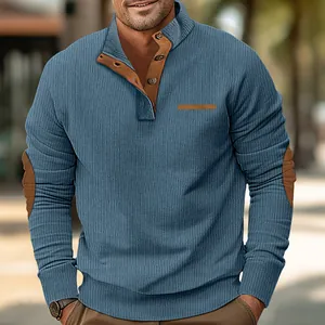 Men's casual blue corduroy jacket with stand collar and brown elbow patches