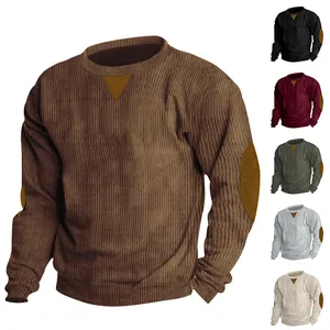 Men's casual corduroy crewneck sweatshirt featuring stylish elbow patches in various colors