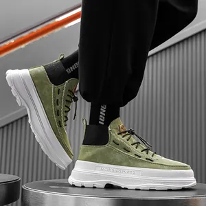 Olive green men's high-top platform casual shoes with thick white soles and pull-on design