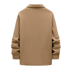 Detailed back view of men's heavy duty fleece outdoor workwear jacket in khaki color