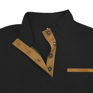 Close-up detail of men's corduroy sweatshirt featuring stand collar and metal buttons