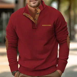 Men's ribbed long sleeve shirt with corduroy stand collar in deep red color