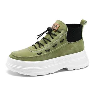 Green high-top platform fashion sneakers for men with thick white sole and toggle laces