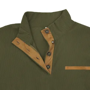 Close-up detail of olive green corduroy outdoor men's jacket with button placket