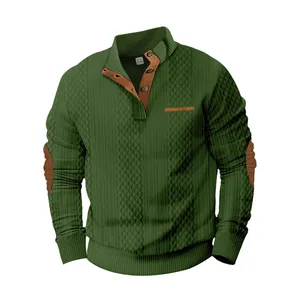 Sudadera jacquard verde premium para hombre con cuello levantado de cuero y coderas