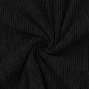 Detail view of black ribbed corduroy fabric texture for men's casual long sleeve t-shirt.