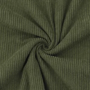 Macro shot of green corduroy fabric showing detailed ribbed texture for men's sweatshirt.