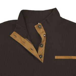 Close-up detail of a men's brown corduroy jacket with a stand collar and buttoned placket