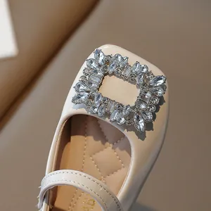 Elegant girls' square toe patent leather princess shoes with sparkling rhinestone buckle