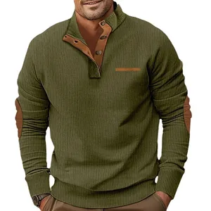 Men's olive green corduroy long sleeve sweatshirt with contrast elbow patches