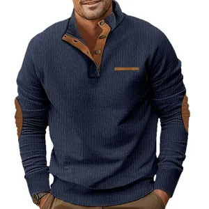 Men's navy corduroy stand collar sweatshirt with tan elbow patches and button placket