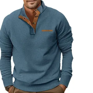 Men's blue corduroy long-sleeved jacket with casual stand collar and button detail