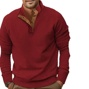 Polo à manches longues pour hommes, coupe ajustée, col montant, couleur bordeaux