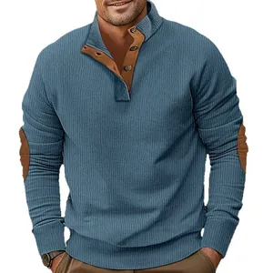 Sweat-shirt côtelé ajusté en velours pour homme avec col montant et coudières