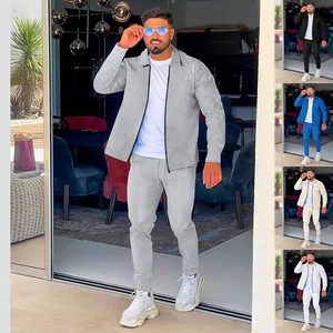 Men's waffle knit casual tracksuit set with zipper jacket and pants in five colors