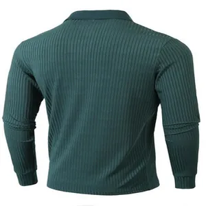 Achteraanzicht van donkergroen heren poloshirt met lange mouwen en verticale strepen