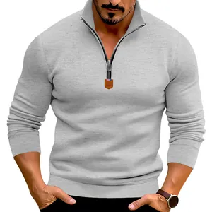 Lässiges graues Langarm-Sweatshirt für Herren mit halbem Reißverschluss und Stehkragen