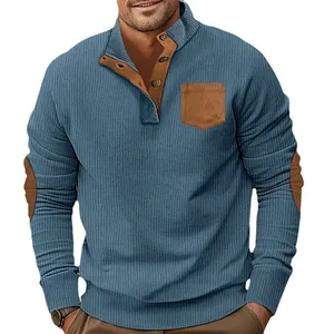 Men's corduroy henley shirt with slim fit long sleeves and contrast patch pocket.