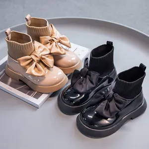 Mädchen Schleife Sockenstiefel Koreanischer Stil Lackleder Patchwork Prinzessin Schuhe Herbst Winter Rutschfest Kleine Kinder Kurzstiefel