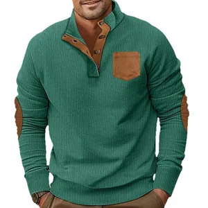 Men's green corduroy Henley shirt with contrast brown patches and slim fit design