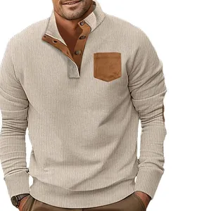 Men's slim fit corduroy Henley shirt with stand collar and contrast pocket detailing