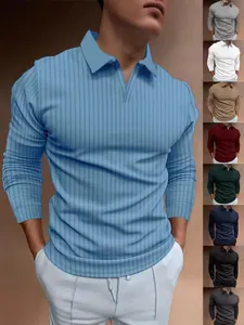 Heren Verticaal Gestreepte Poloshirt Lange Mouw V-Hals Opstaande Kraag Ribtextuur Slim Fit Ademend Casual Top