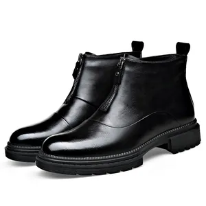 Botines Chelsea para hombre de cuero genuino con cremallera frontal y suela de tacos duradera