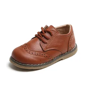 Classic brown children's leather brogue shoes with breathable soft finish and laces