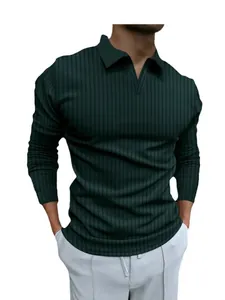 Heren poloshirt met lange mouwen in donkergroen met verticale strepen en V-hals