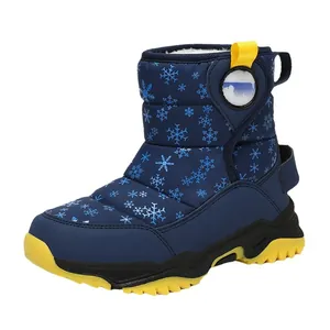 Children's winter high-top snow boots with blue snowflake pattern and warm lining