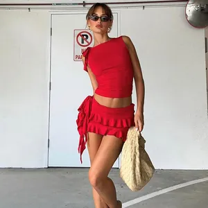 Conjunto De Top Y Bottom Para Mujer Verano Un Hombro Fruncido Con Volantes Mini Falda Color Sólido Sin Mangas Streetwear Atuendo Sexy