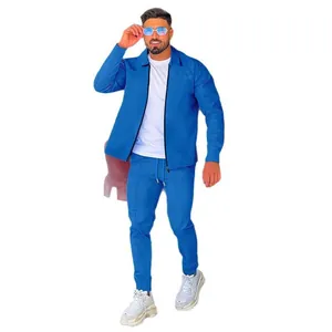Men's blue waffle texture long sleeve zip-up jacket and matching pants tracksuit set