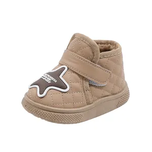 Khaki quilted winter snow boots for baby boys and girls featuring a star patch and warm plush lining