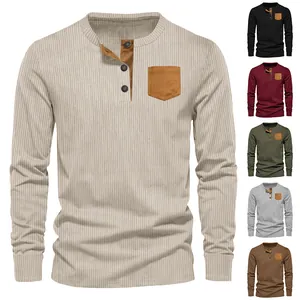 Detailed view of men's corduroy Henley shirt showing ribbed texture and multiple colors