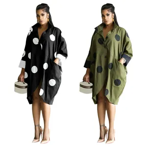 Robe Chemise à Pois pour Femmes Oversized Midi en Polyester Avec Poches Manches Trois Quarts Boutonnage Robe Décontractée