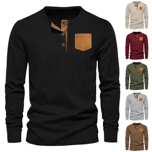 Detailed view of long-sleeve corduroy Henley shirt showing available multi-color options