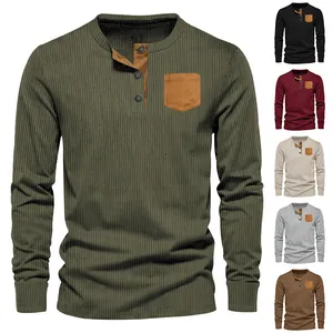 Men's long sleeve corduroy Henley shirt with contrast pocket and button placket details.