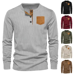 Men's casual long sleeve corduroy Henley shirt with chest pocket and color variants