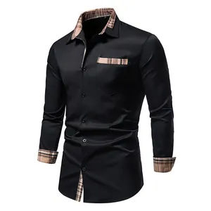 Détail d'une chemise noire pour homme avec col et poignets à carreaux vintage