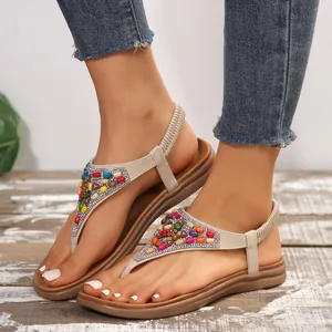 Sandali Infradito con Perline Bohemien da Donna Scarpe da Spiaggia Romane Basse con Strass Infradito Stile Etnico Estivo