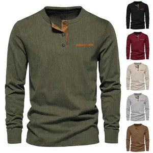 Camiseta Henley de hombre en pana de corte entallado y manga larga en varios colores casuales