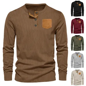 Men's Casual Corduroy Henley Shirt Long Sleeve T-Shirt With Contrast Patch Pocket Slim Fit Solid Color Autumn Spring Top