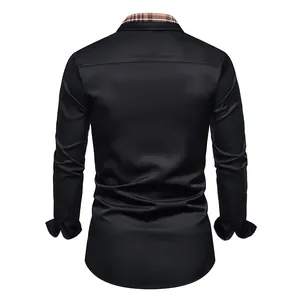 Vue arrière détaillée d'une chemise noire à manches longues pour homme avec col à carreaux